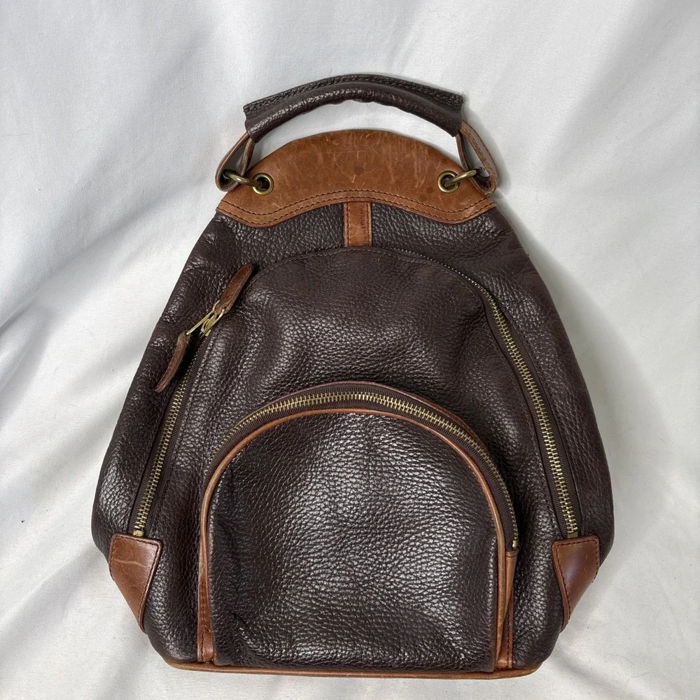 Vtg M. London Two-Tone Brown Pebbled Leather Convertible Backpack Bag Read